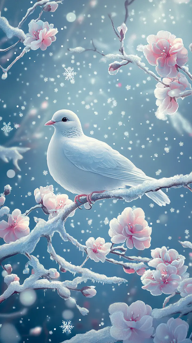 White dove on snowy flowered branch in winter scene