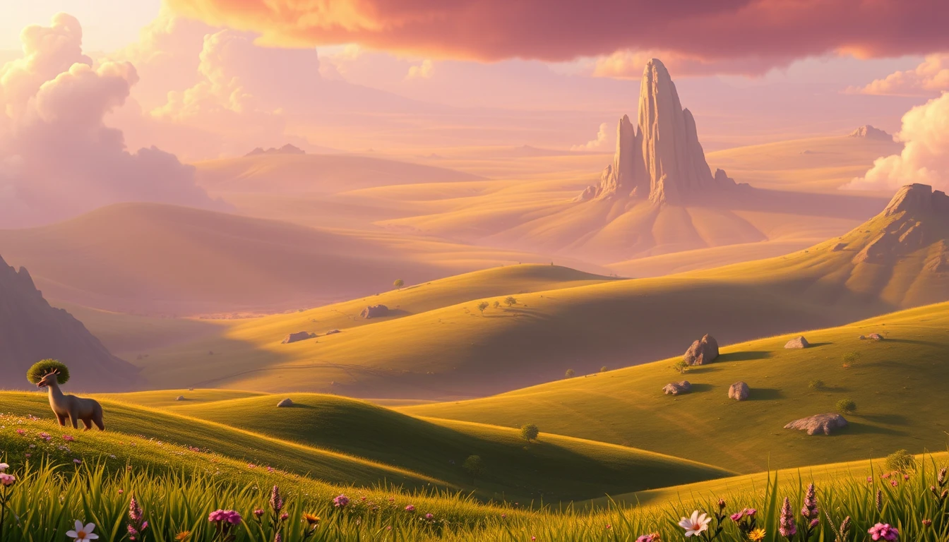 Lush green fields in a vast 3D countryside landscape