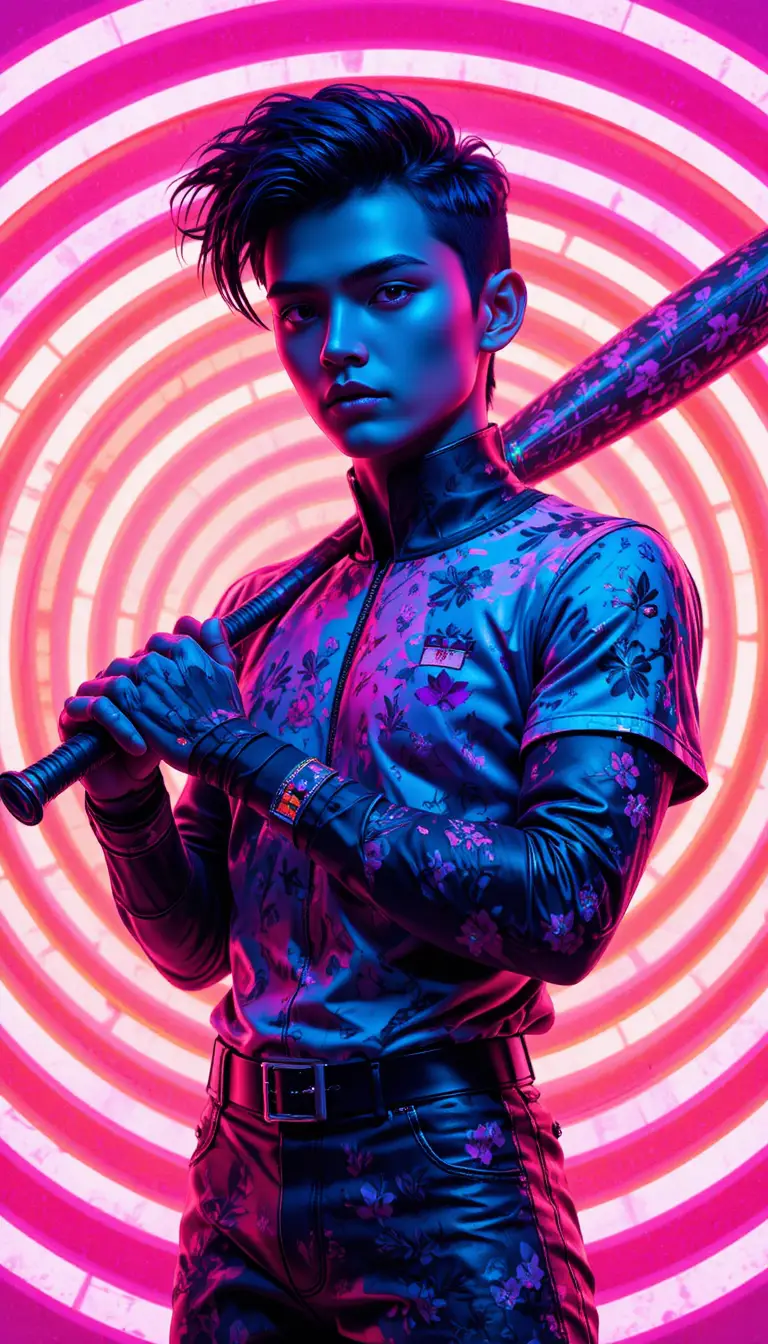 3D character with baseball bat in abstract circular design