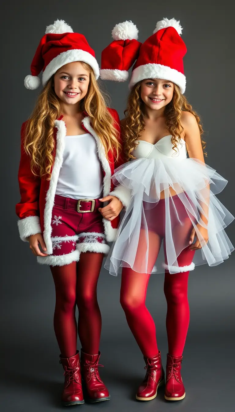 Two Nordic sisters in festive Santa and Snow Maiden costumes