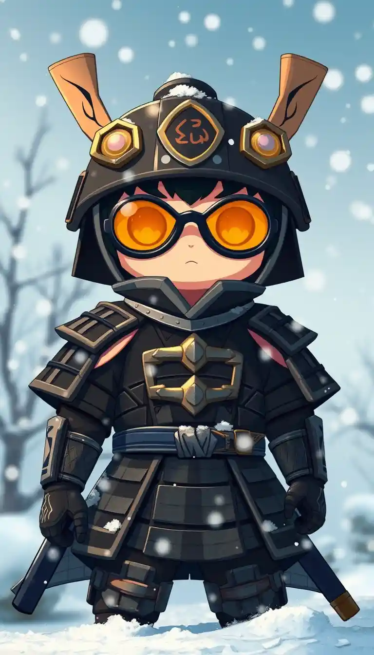 雪が舞う中の侍鎧をまとったアニメ風昆虫戦士