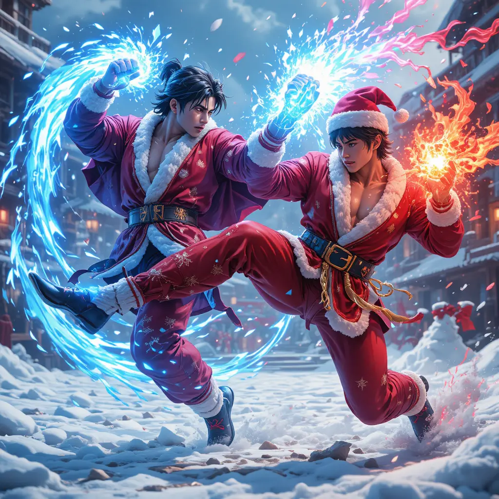 Anime fighters clash with elemental kicks in snowy arena