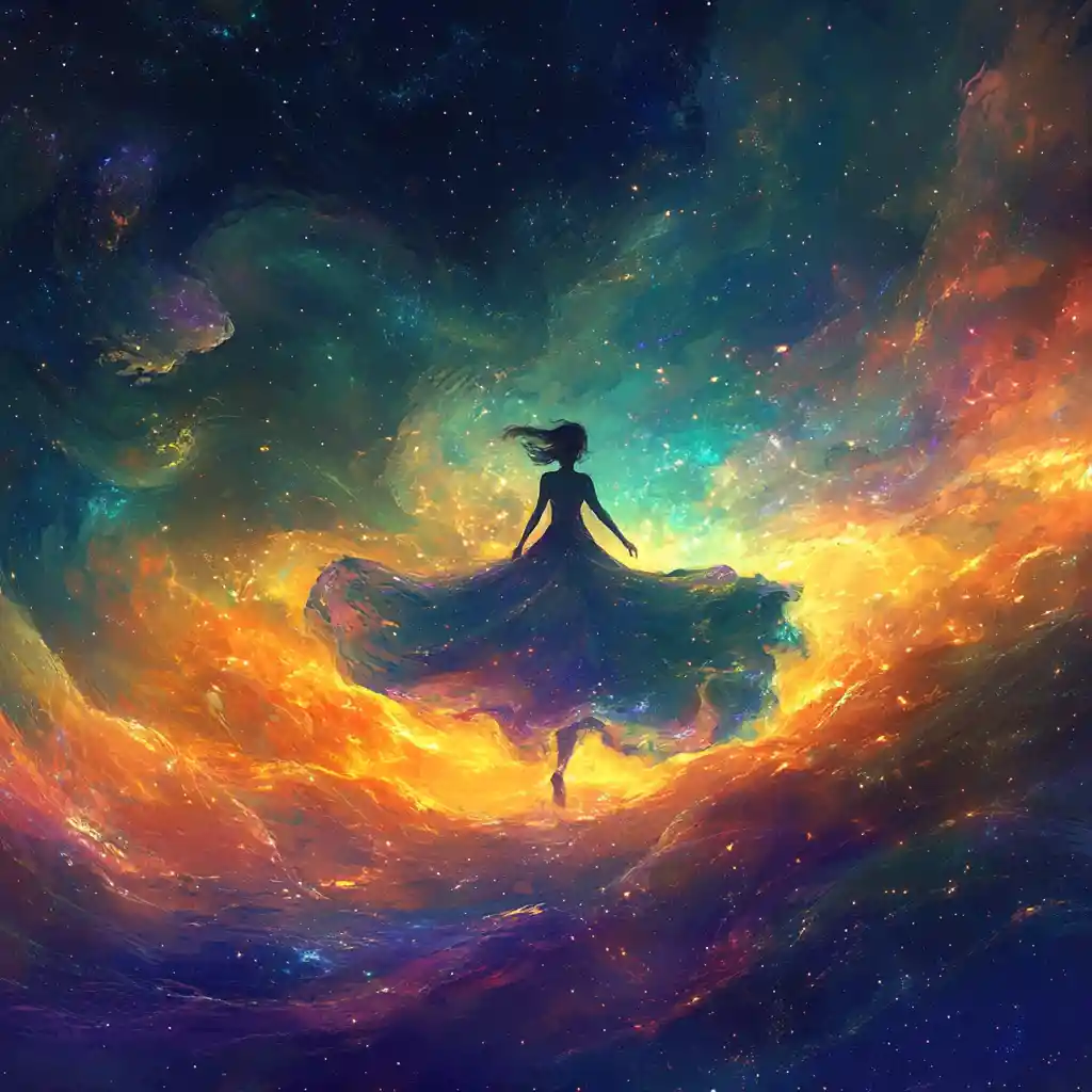 Mädchen in einem wirbelnden bunten Kleid vor einem sternenklaren Nebelhimmel