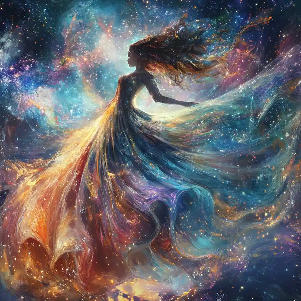 Ragazza con enorme abito colorato vorticoso sotto il cielo stellato