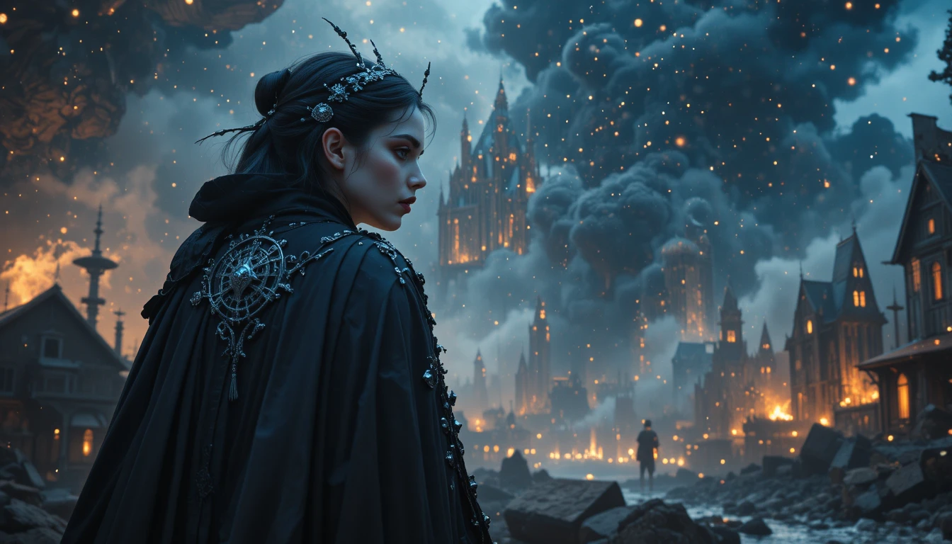 Gothic sci fi queen beneath a cosmic star filled sky