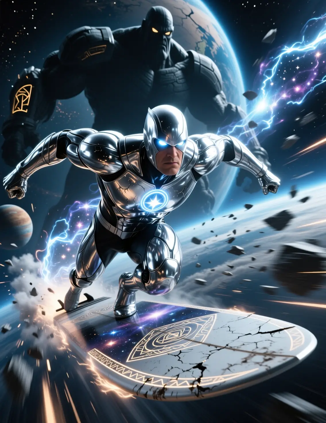 Silver cosmic surfer racing toward the viewer in deep space