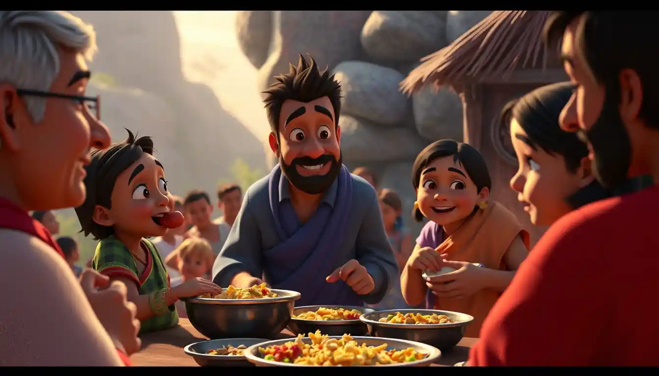 Animated families sharing meals in a warm communal gathering