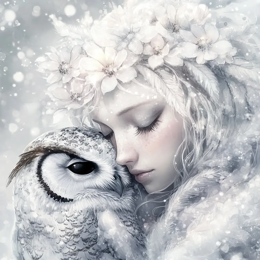Winterfee, die eine Schneeeule in Pastell-Aquarell umarmt