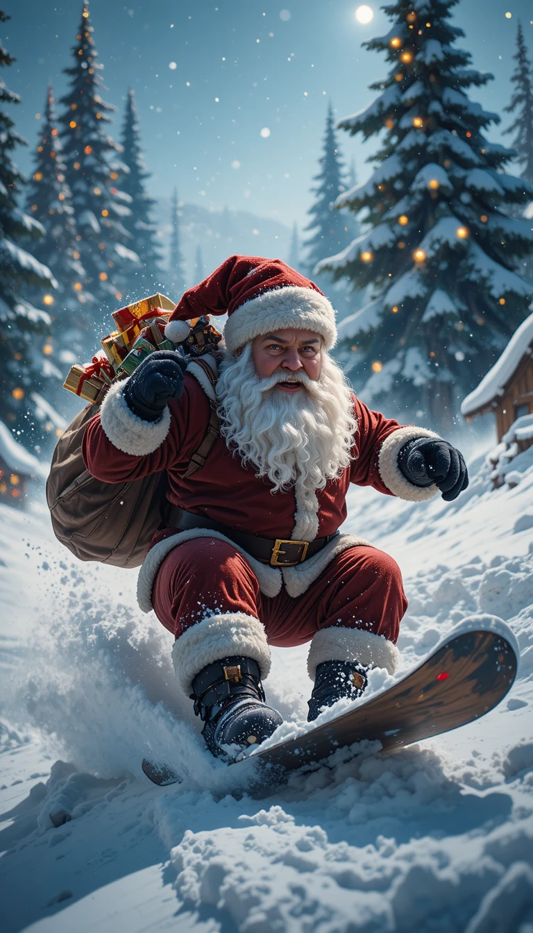 Babbo Natale arrabbiato che fa snowboard giù da un ripido pendio innevato