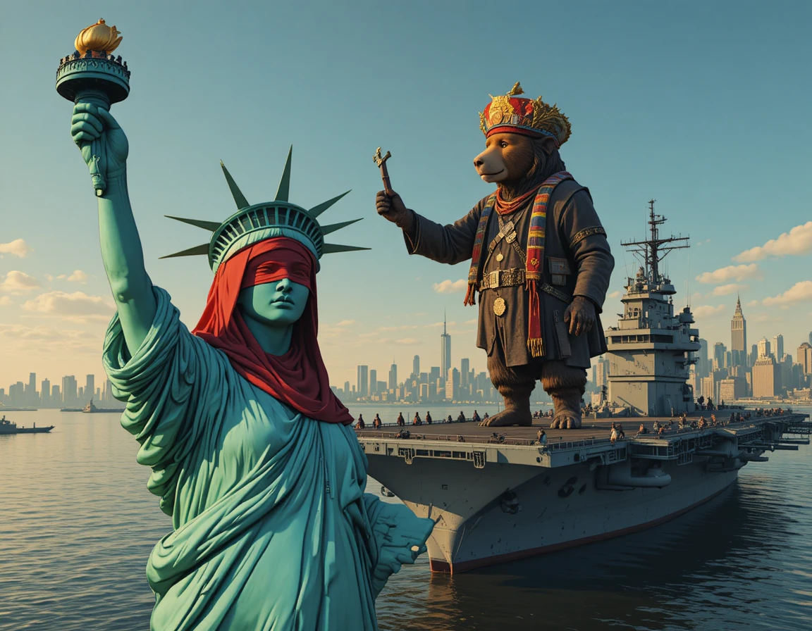 Statua della Libertà che saluta un orso russo nel porto di New York