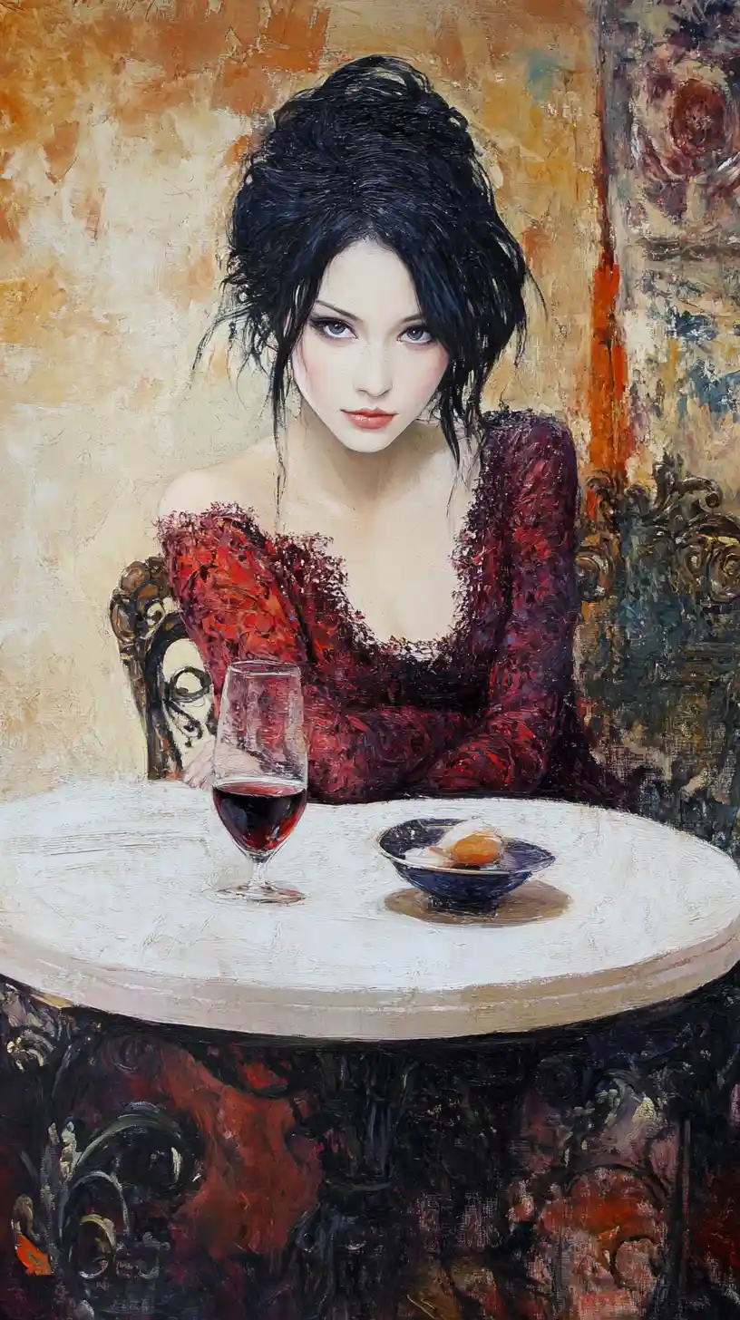 Mulher elegante de vestido vermelho em mesa ornamentada de café
