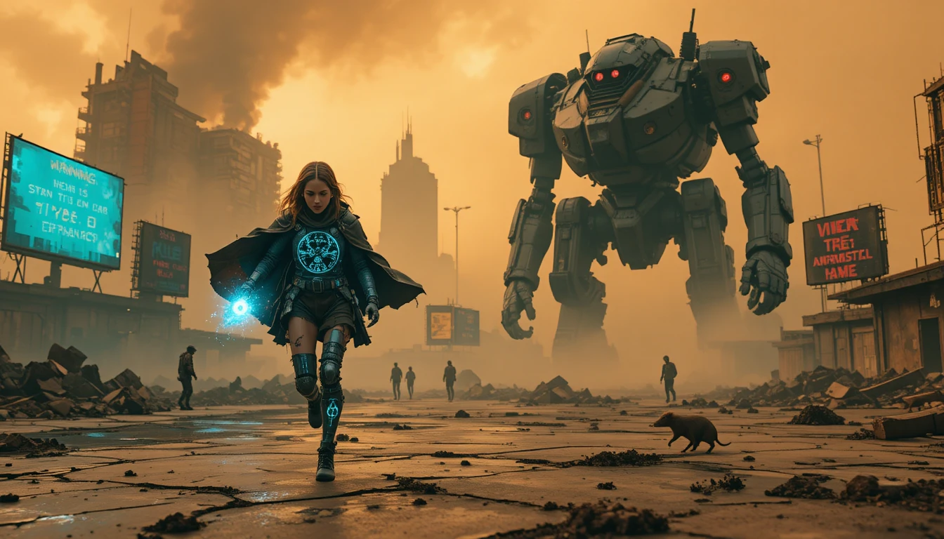 Cybernetic girl running through a ruined neon city