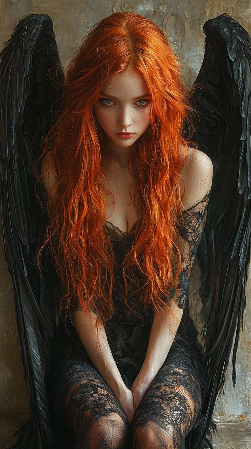 Jeune fille rousse triste aux ailes d’ange noires assise seule
