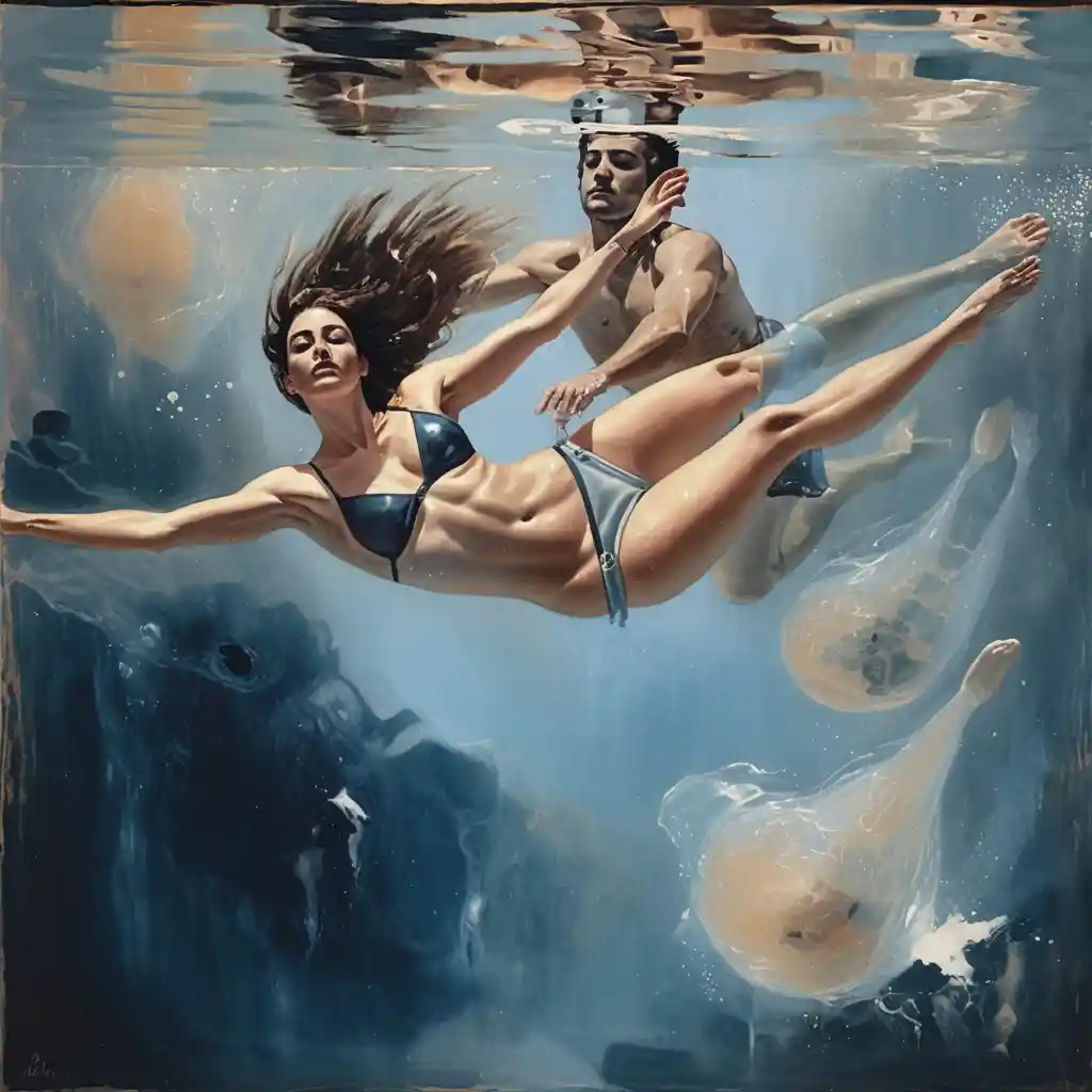Underwater couple floating in a serene swimming pool painting