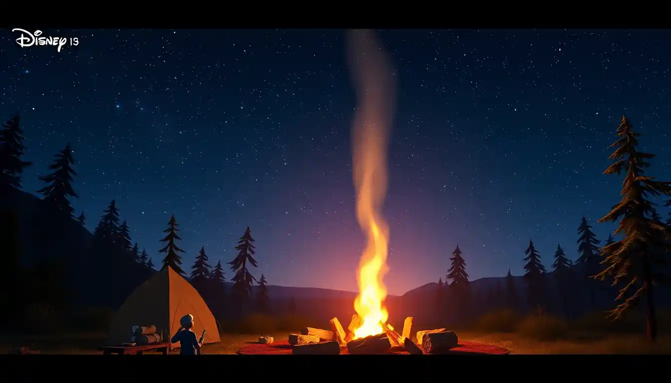 Epic night camp scene with towering fire under starry sky