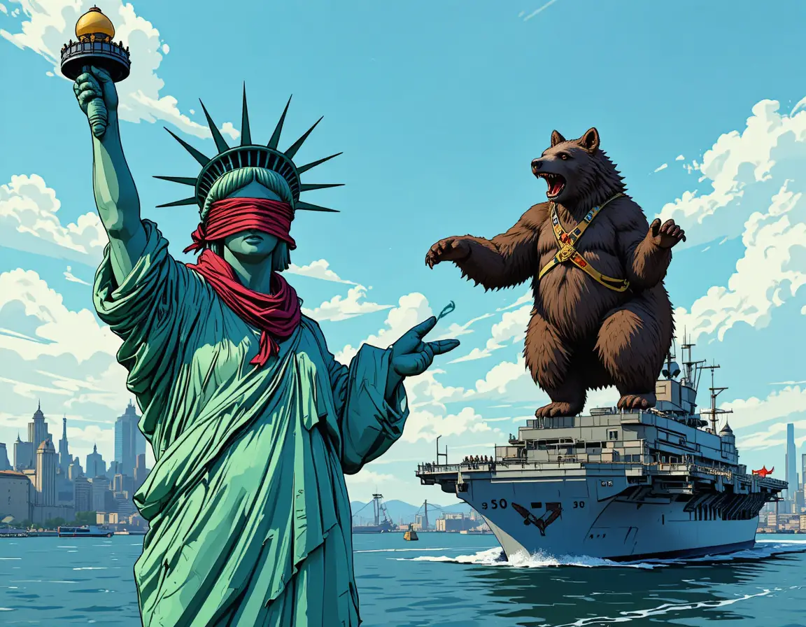 Statue of Liberty Shaking Hands With Russian Bear on Carrier