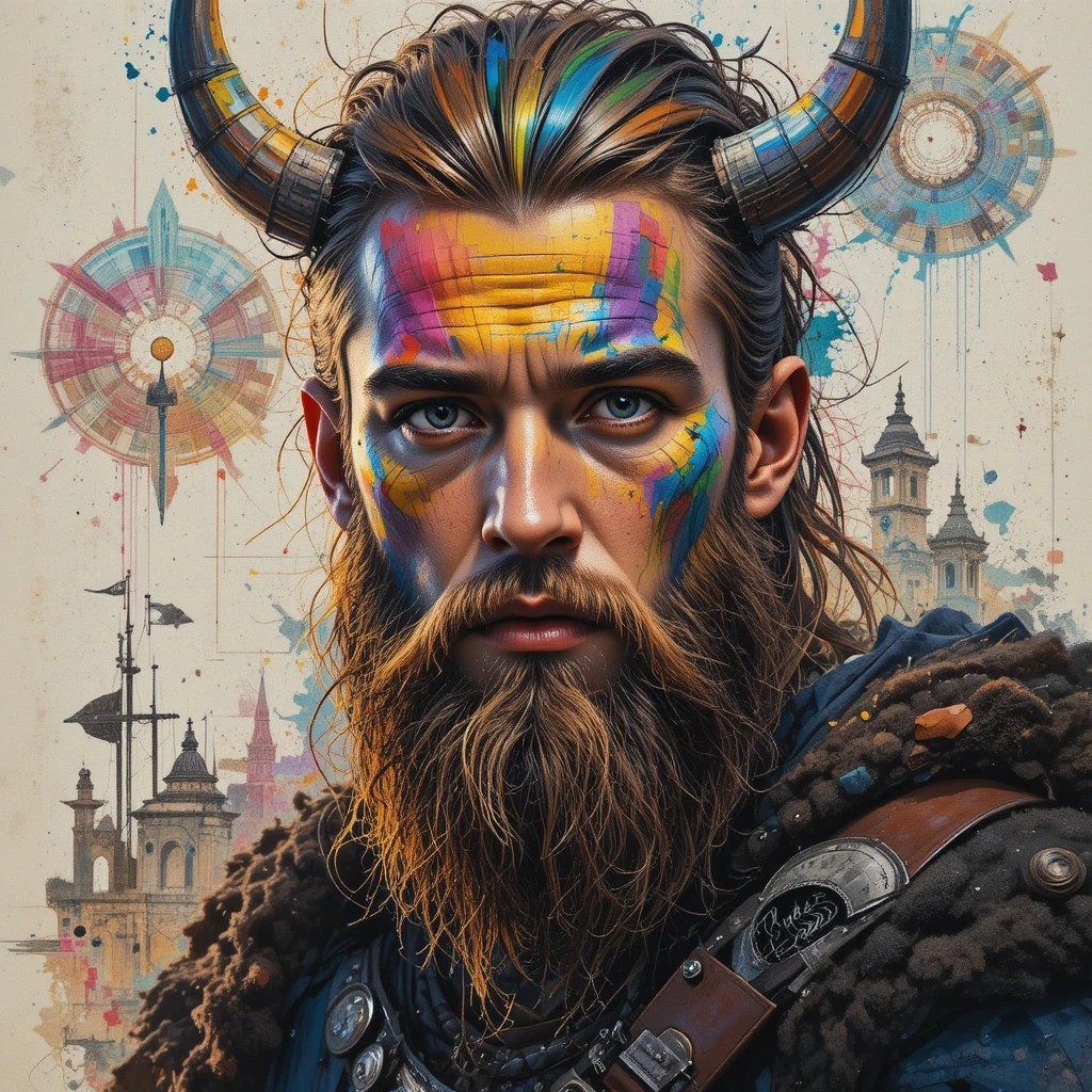 Viking warrior portrait in vibrant abstract paper collage