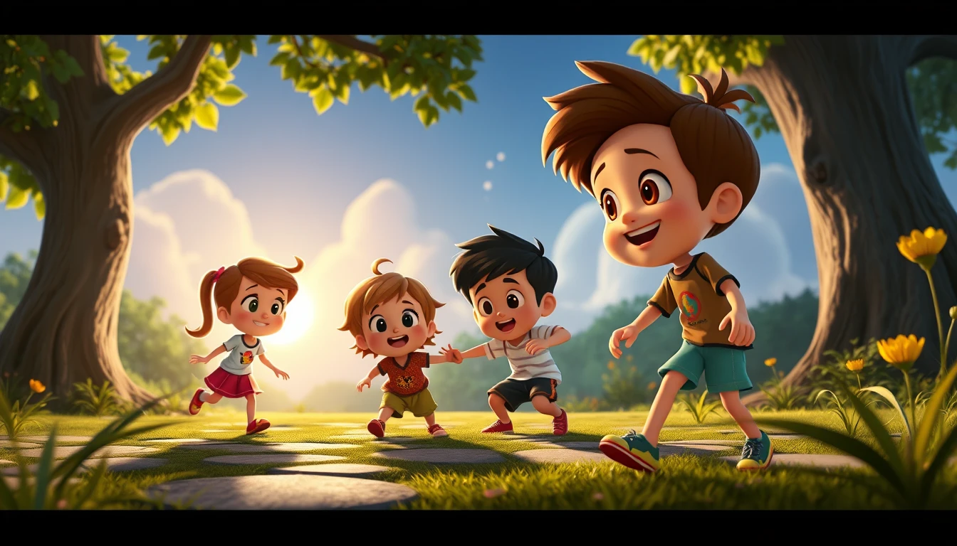 Crianças brincando juntas em uma cena 3D animada e cheia de esperança