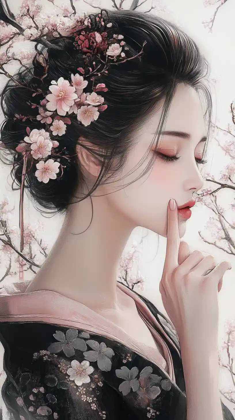 Portrait d’une élégante femme japonaise parmi les fleurs de cerisier
