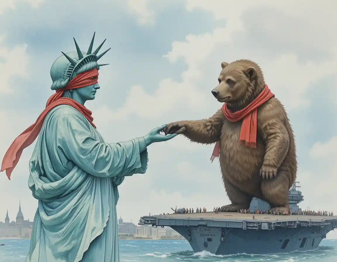 Freiheitsstatue und russischer Bär treffen auf einem Flugzeugträger aufeinander