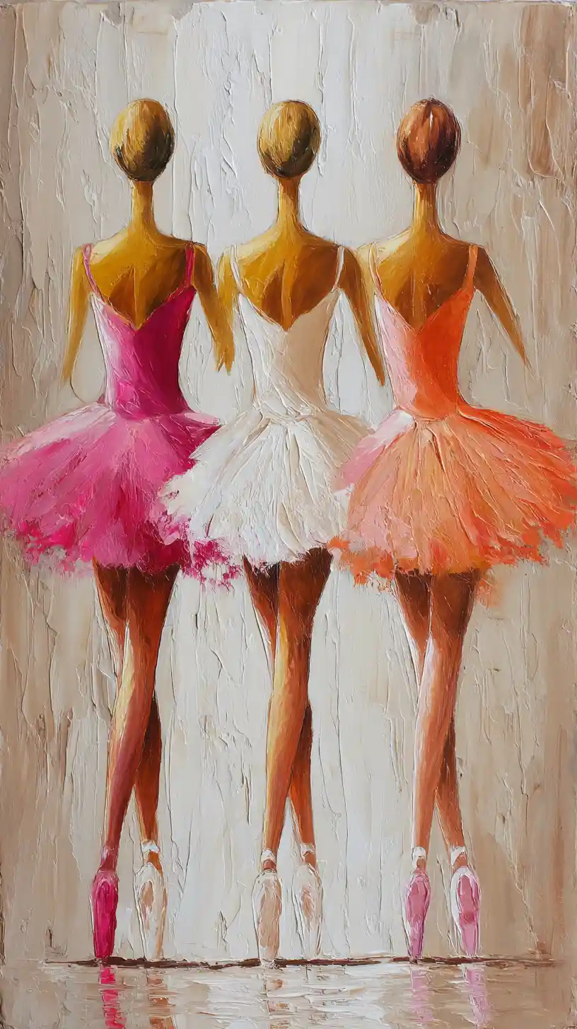 Three ballerinas in vibrant tutus standing en pointe on stage
