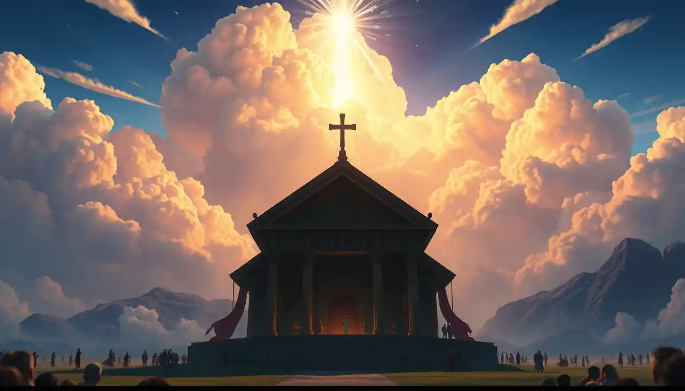 Scène de temple 3D épique avec nuée de gloire descendante