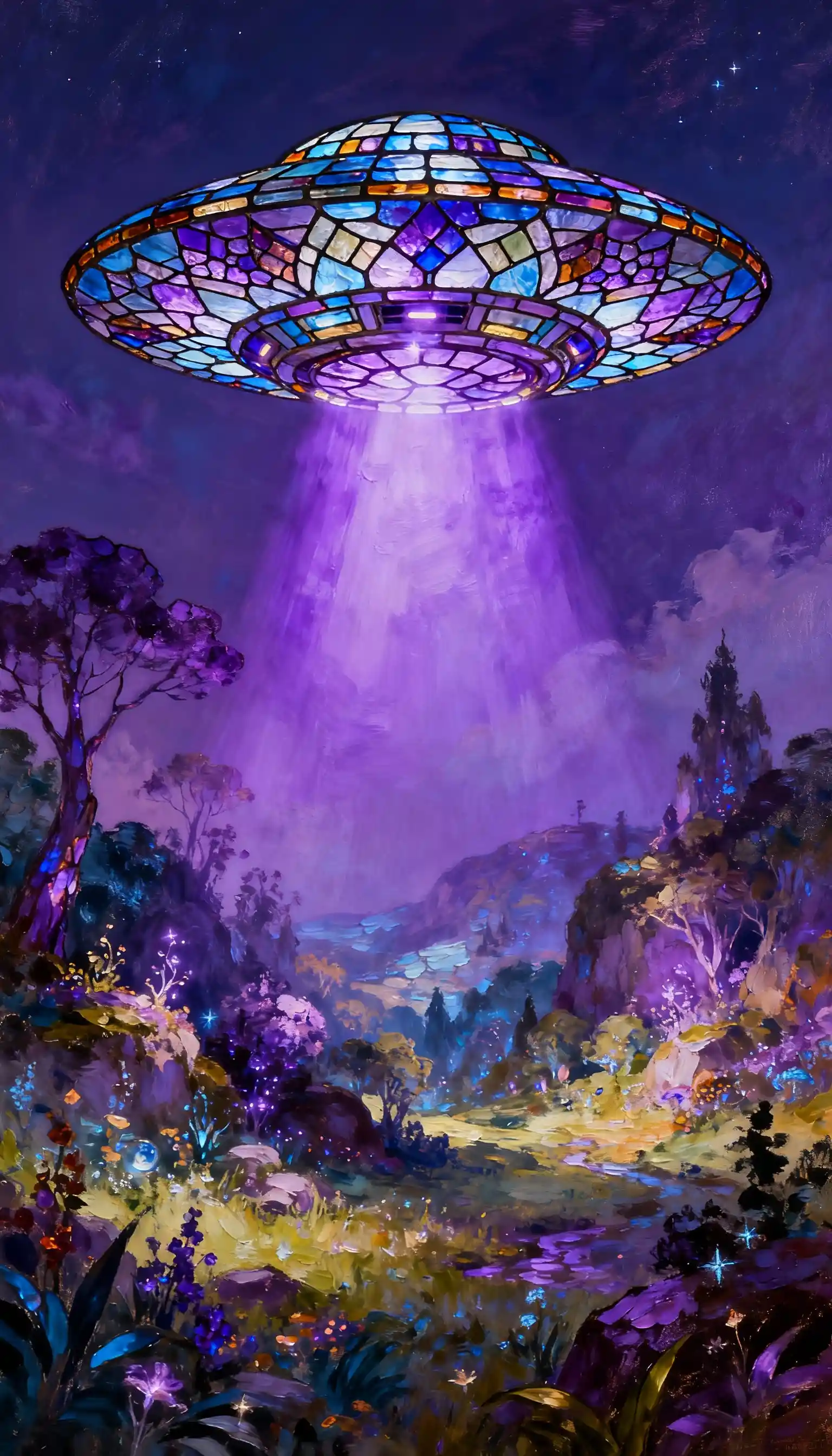 絢麗彩色玻璃風UFO懸浮於魔幻奇幻景觀上空