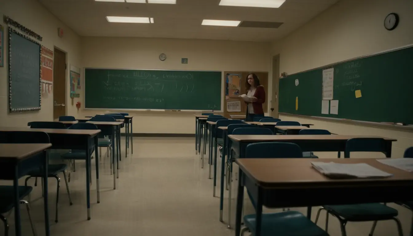 Teacher Grading Exams Alone In A Quiet Night Classroom