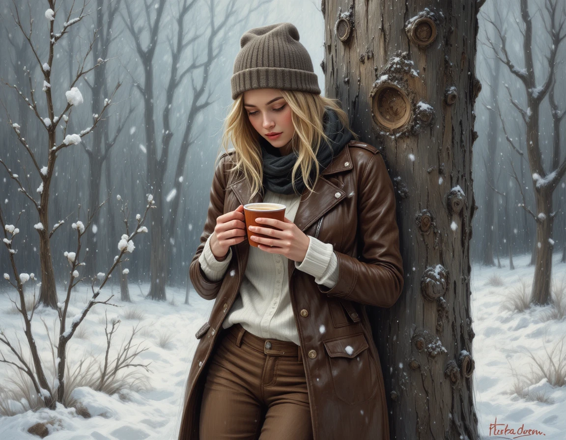 Frau ruht mit Kaffee im stillen winterlichen Schneefall