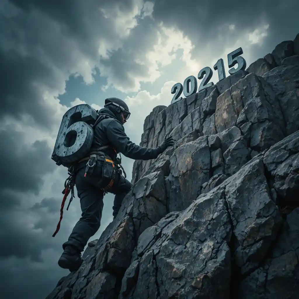 Climber Carrying Steel Number Six On Sheer Cliff