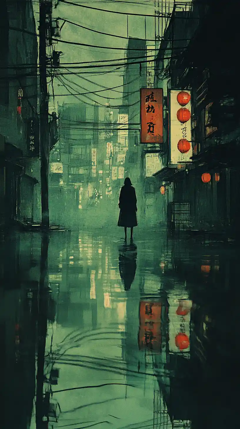 Hombre solitario junto al agua iluminada en verde en una ciudad japonesa