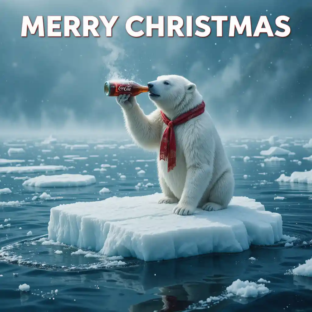 Eisbär trinkt Cola auf treibendem Eis zu Weihnachten