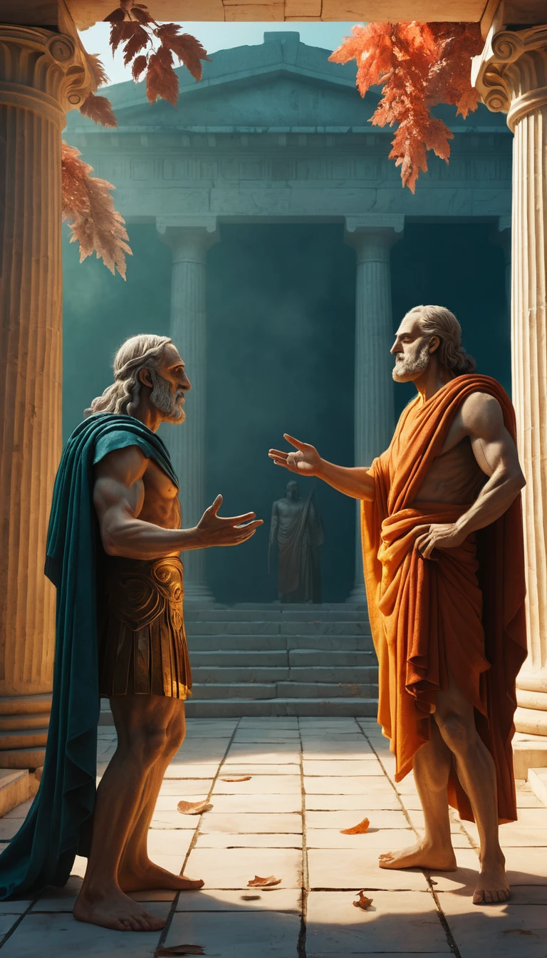 Antike griechische Philosophen diskutieren in einem dramatischen Cartoon-Innenhof