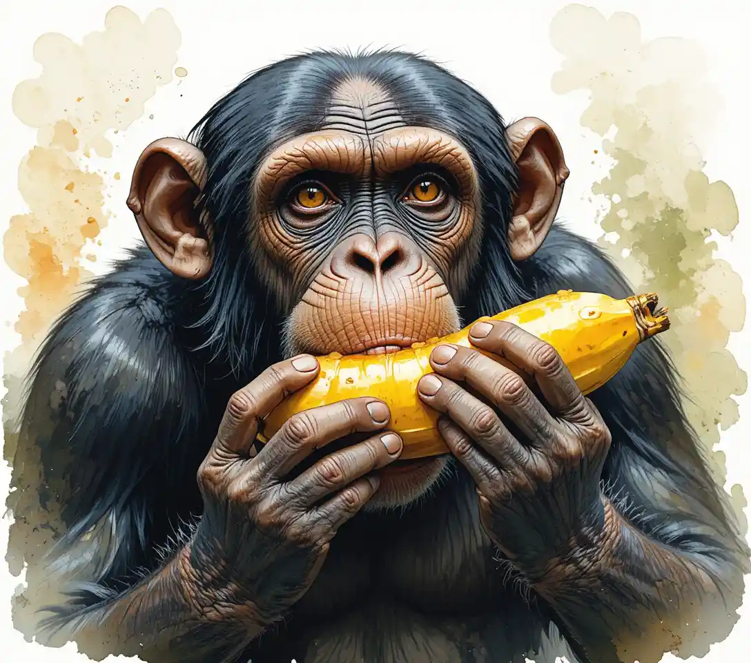 Scimpanzé adulto che mangia una banana in un delicato ambiente naturale