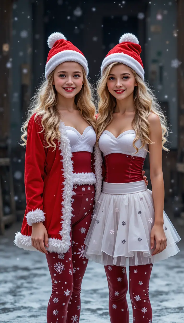 Two sisters in Santa and Snow Maiden costumes on stage
