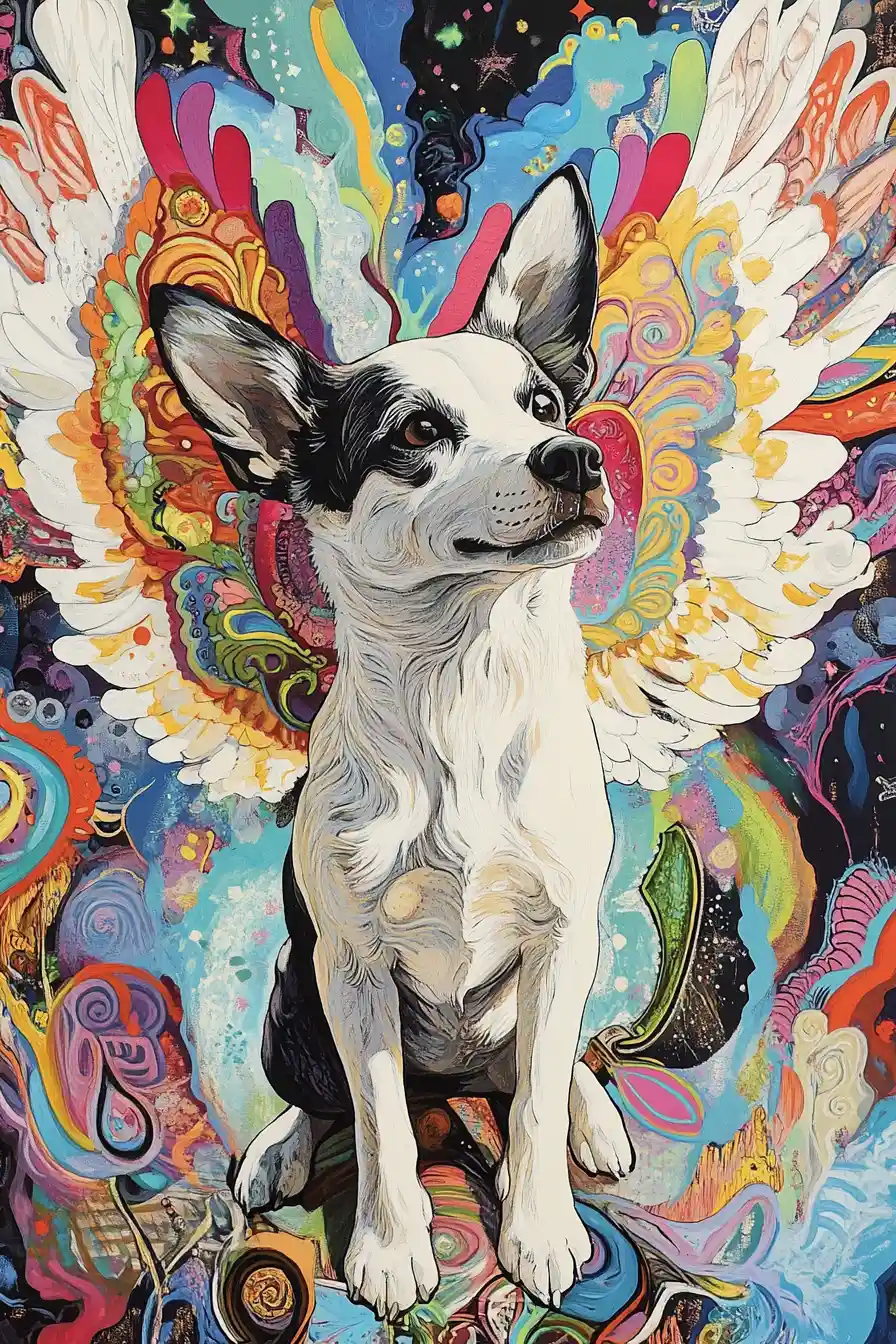 Colorful angel dog with wings flying toward heaven