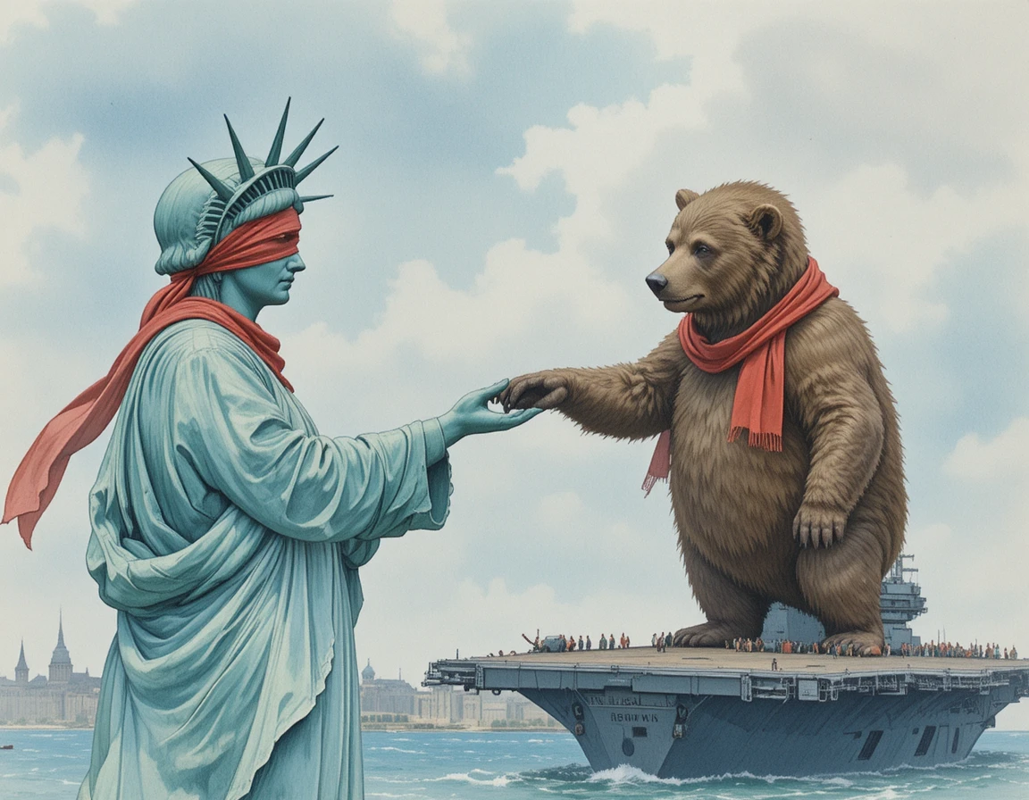 Freiheitsstatue und russischer Bär treffen auf einem Flugzeugträger aufeinander
