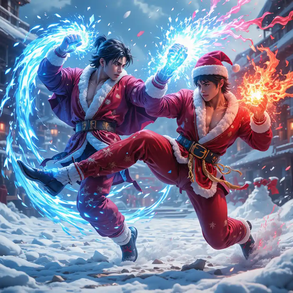Anime fighters clash with elemental kicks in snowy arena