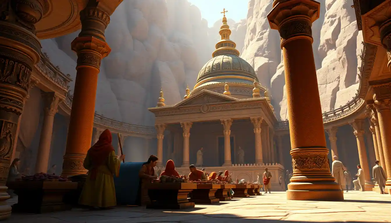 Artesanos creando un suntuoso tabernáculo en estilo 3D animado