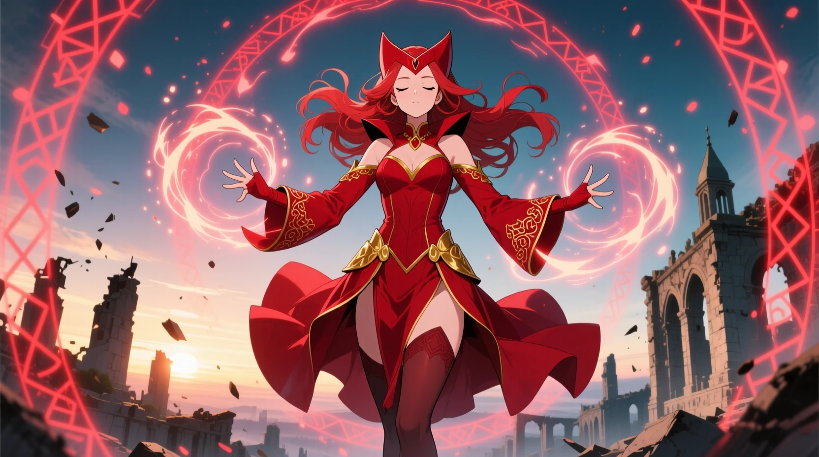Strega anime che fluttua sopra le rovine con magia cremisi