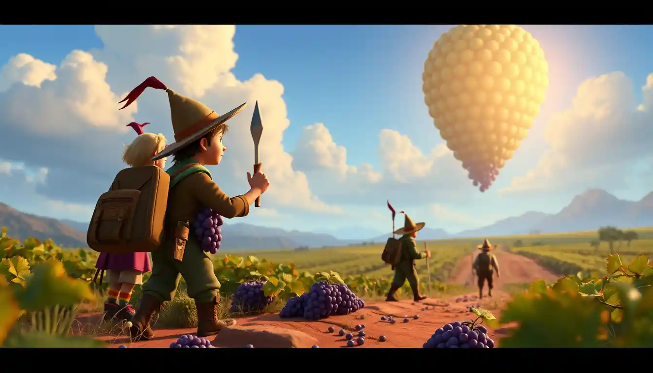 Exploradores Regresan Cargando Uvas Gigantes en Escena de Fantasía 3D