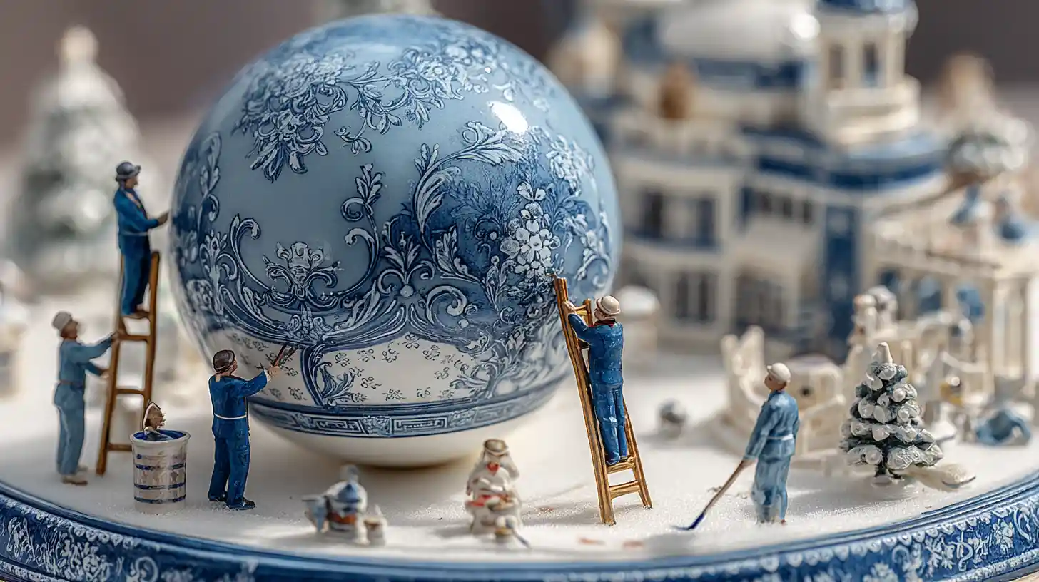 Trabalhadores em miniatura pintando um enfeite de Natal azul