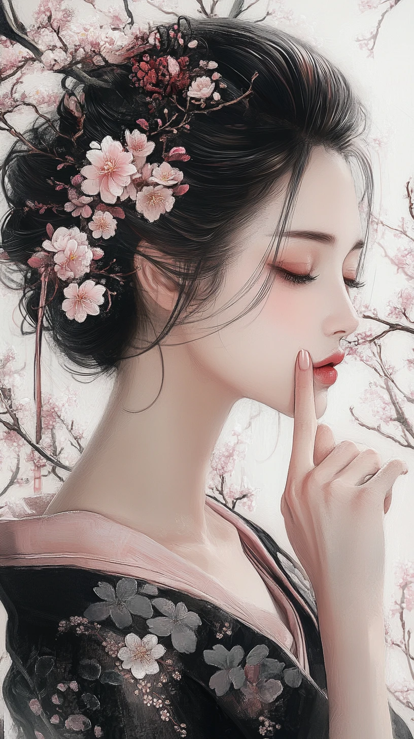 Elegantes Porträt einer japanischen Frau in Kirschblüten