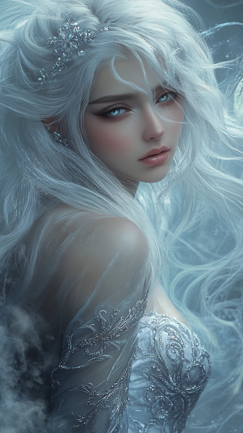 Melancholic ice queen in ornate silver frost patterned gown
