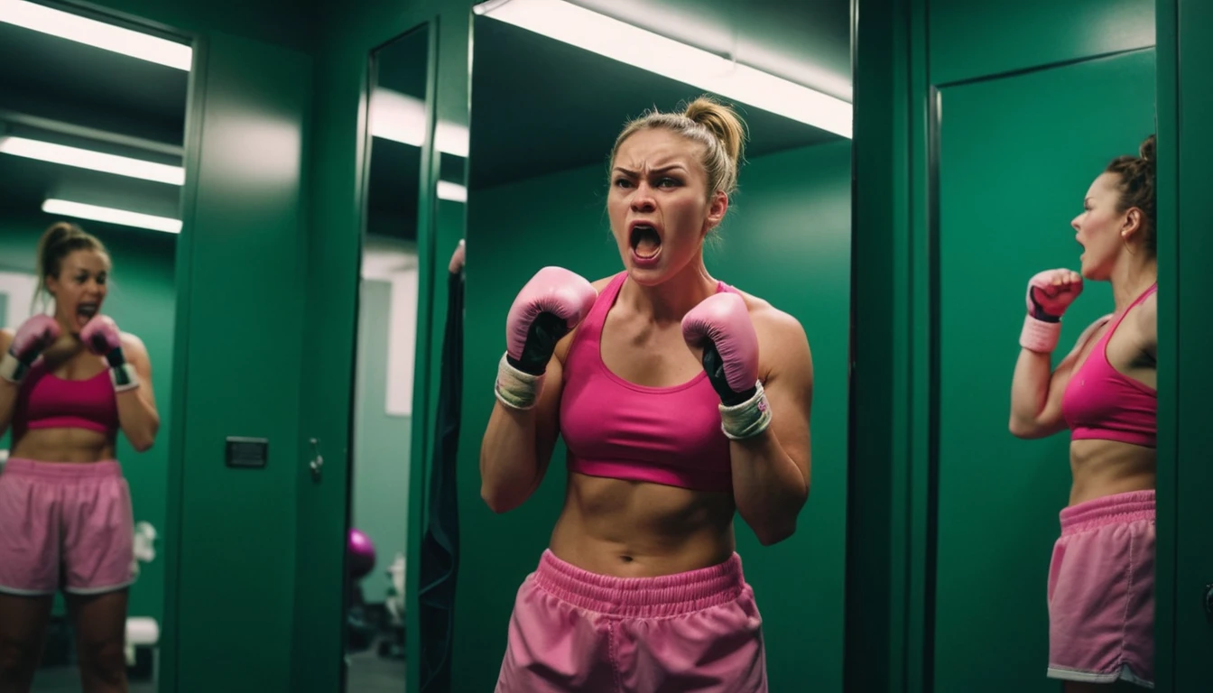 Low angle view of a woman boxer in a dim locker room