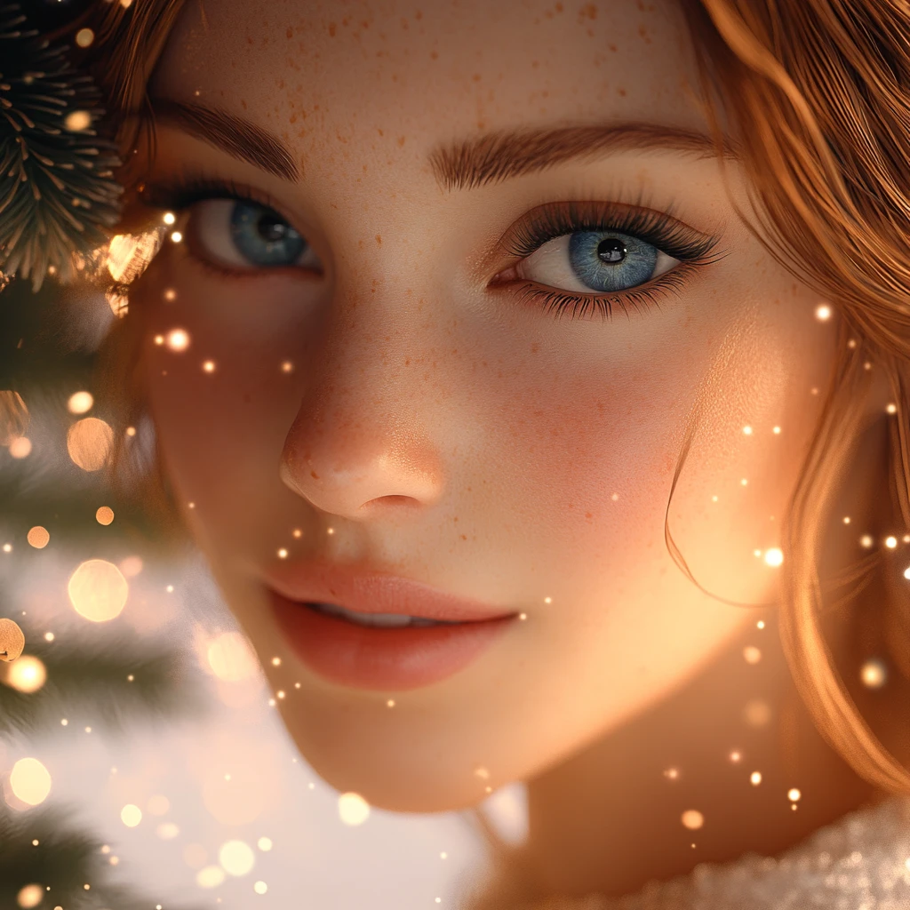 Smiling blue eyed girl in a snowy Christmas scene