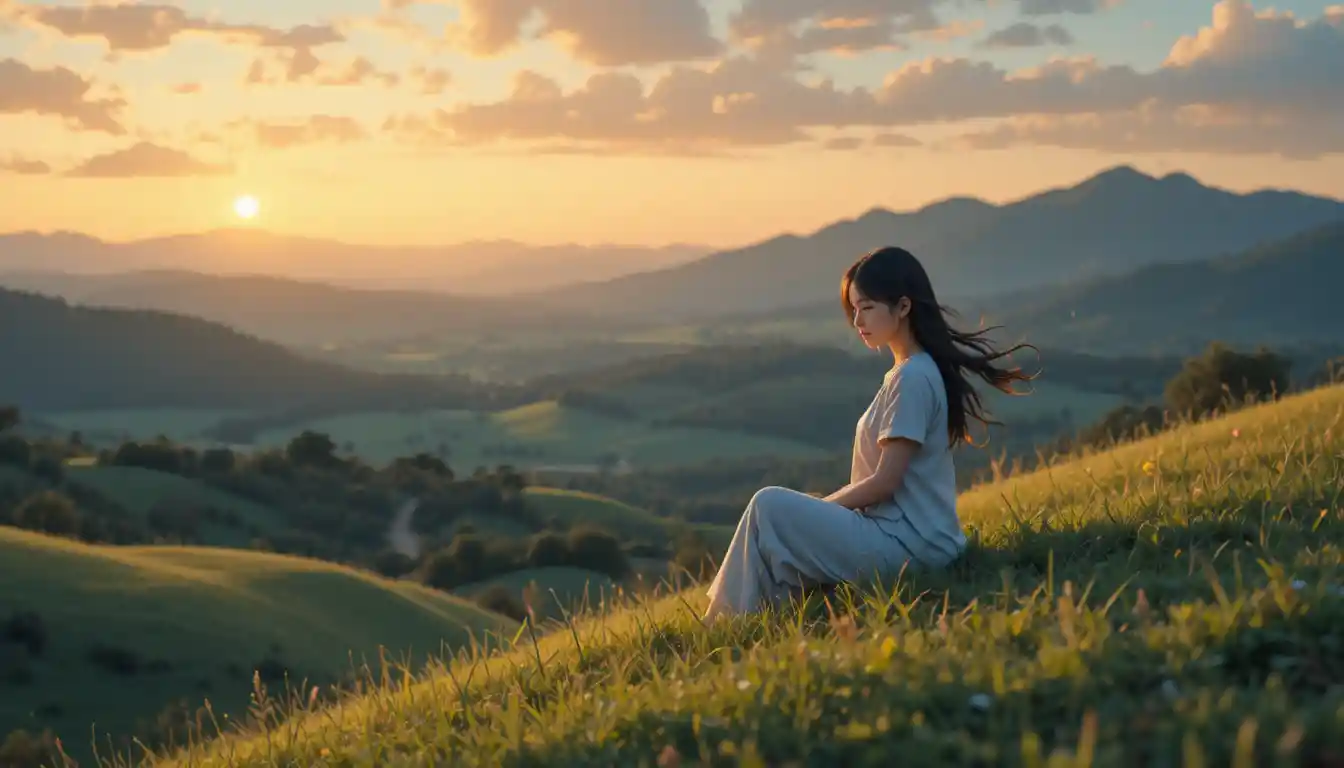 Anime girl sitting on a grassy hill at sunset