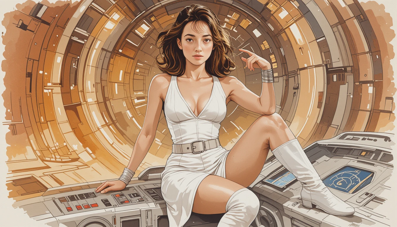 Watercolor sci fi heroine on futuristic control panel