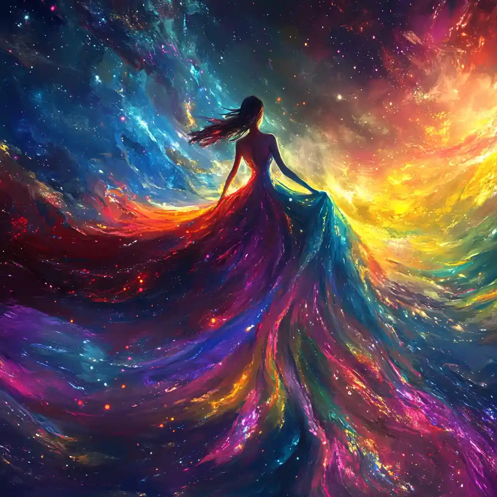 Ragazza con un enorme abito colorato svolazzante sotto un cielo stellato