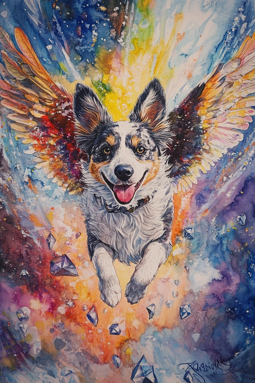 Winged dog flying freely above a shining diamond planet